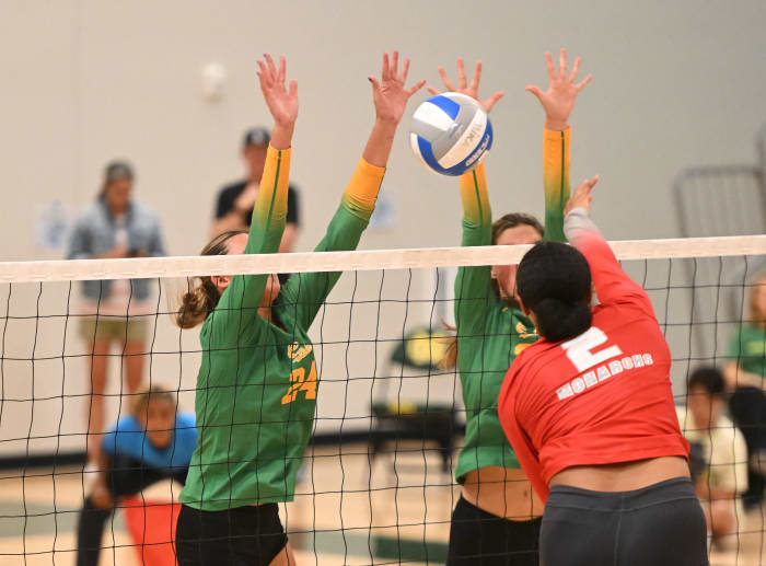 Charlie Fuerbringer (24) is part of block on Isabel Clark (2)